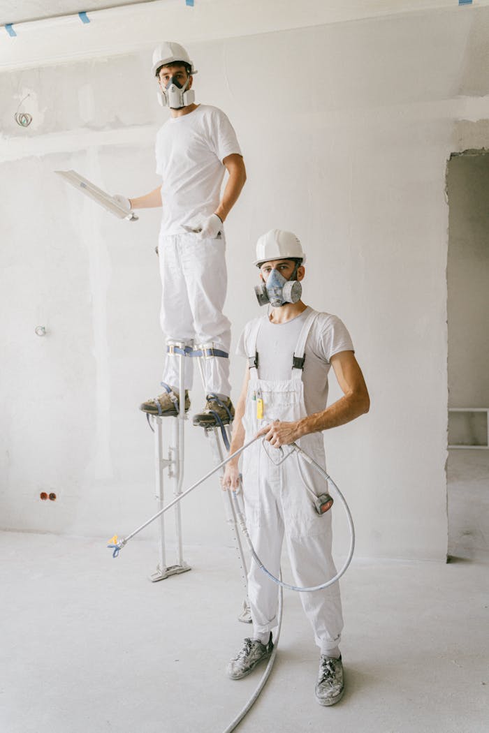creative Two painters in protective gear working on a home renovation project, wearing masks and white uniforms.