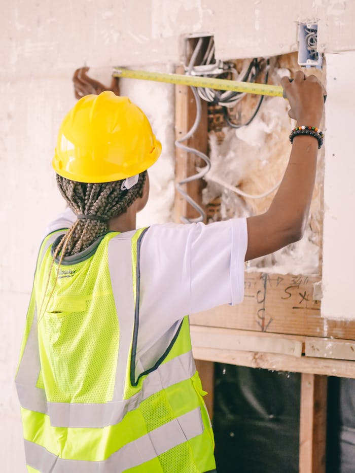 Services-02 Back view of a construction worker measuring wall space wearing safety gear.